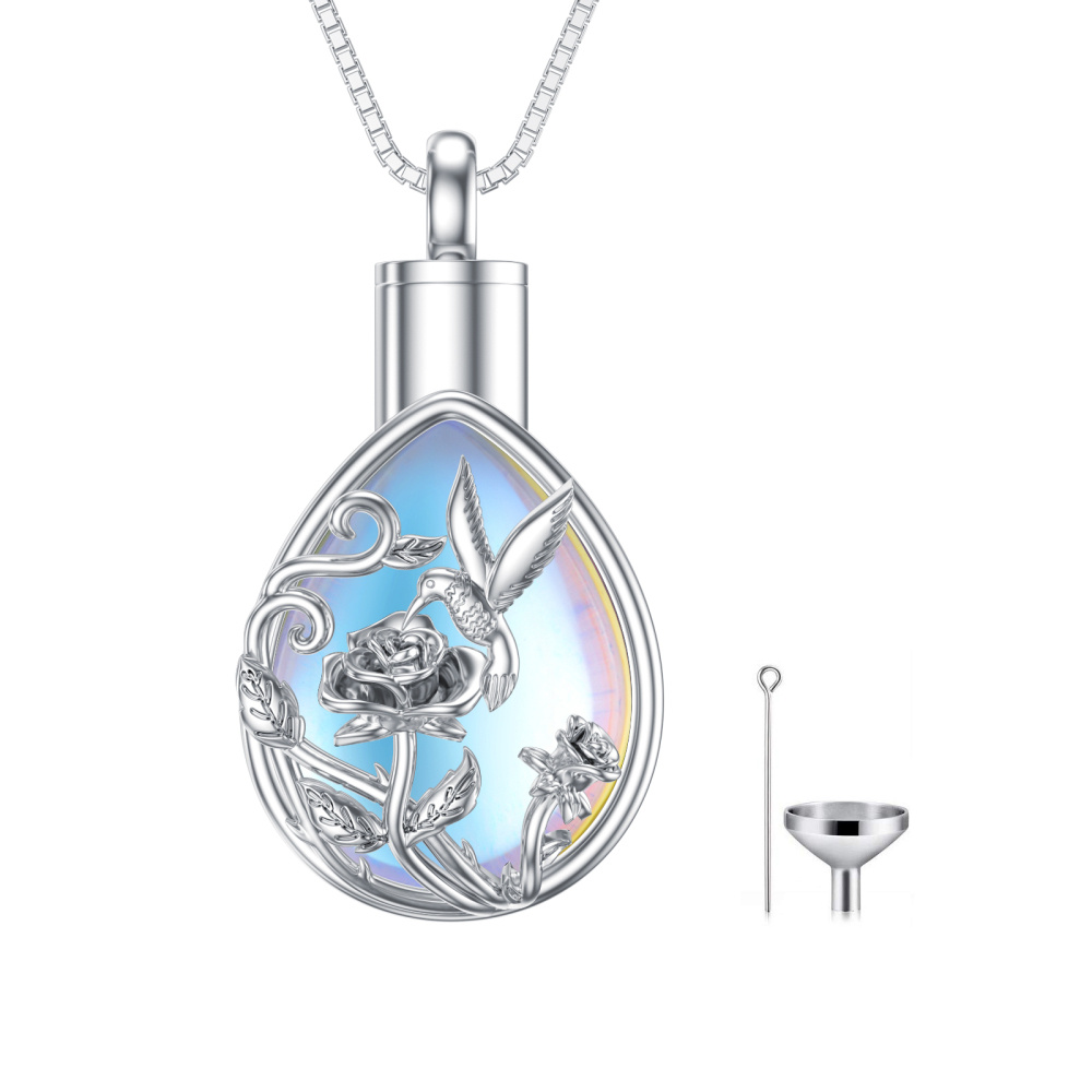 Collar colibrí y urna de rosas de plata de ley con piedra de luna-1