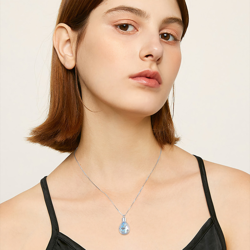 Collar colibrí y urna de rosas de plata de ley con piedra de luna-2