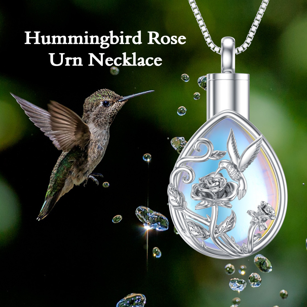 Collar colibrí y urna de rosas de plata de ley con piedra de luna-3