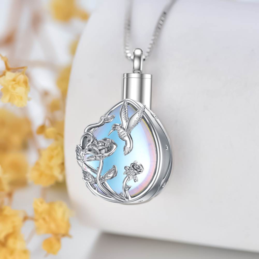 Collar colibrí y urna de rosas de plata de ley con piedra de luna-4