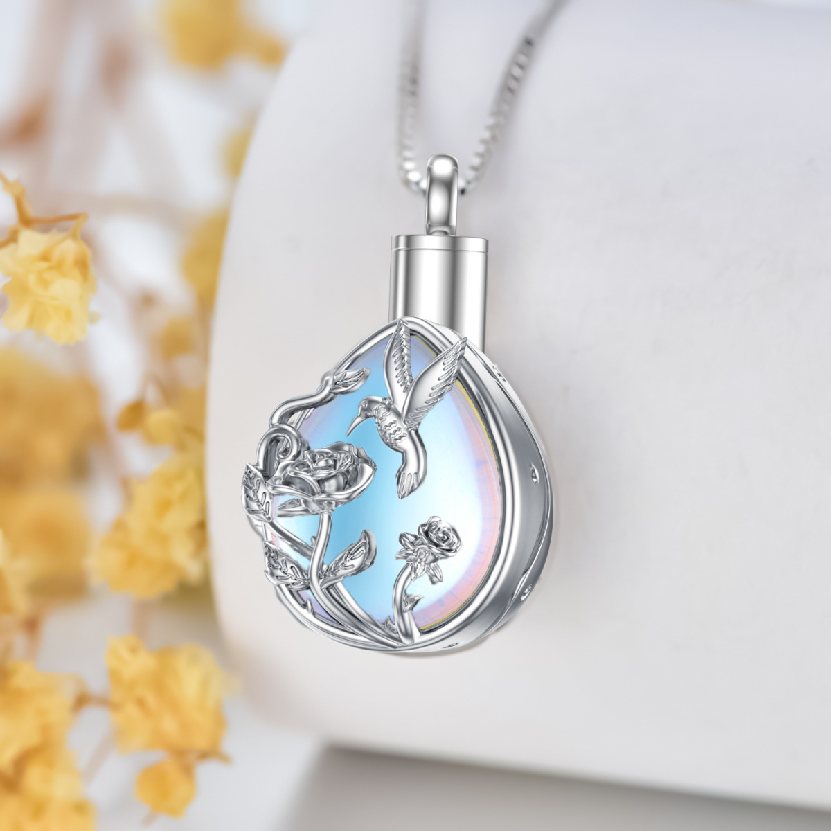 Sterling Silver Moonstone Hummingbird & Rose Urn Necklace for Ashes-4