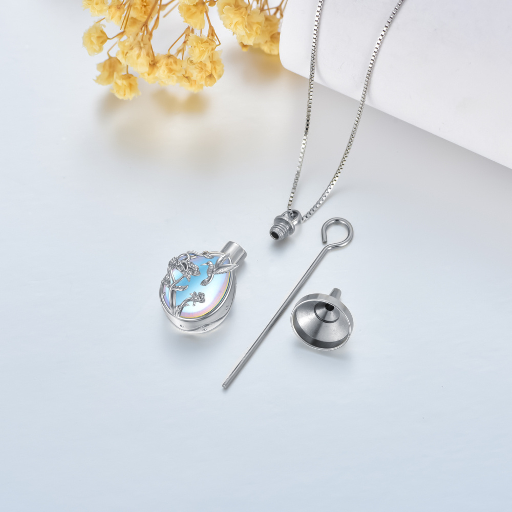 Collar colibrí y urna de rosas de plata de ley con piedra de luna-5