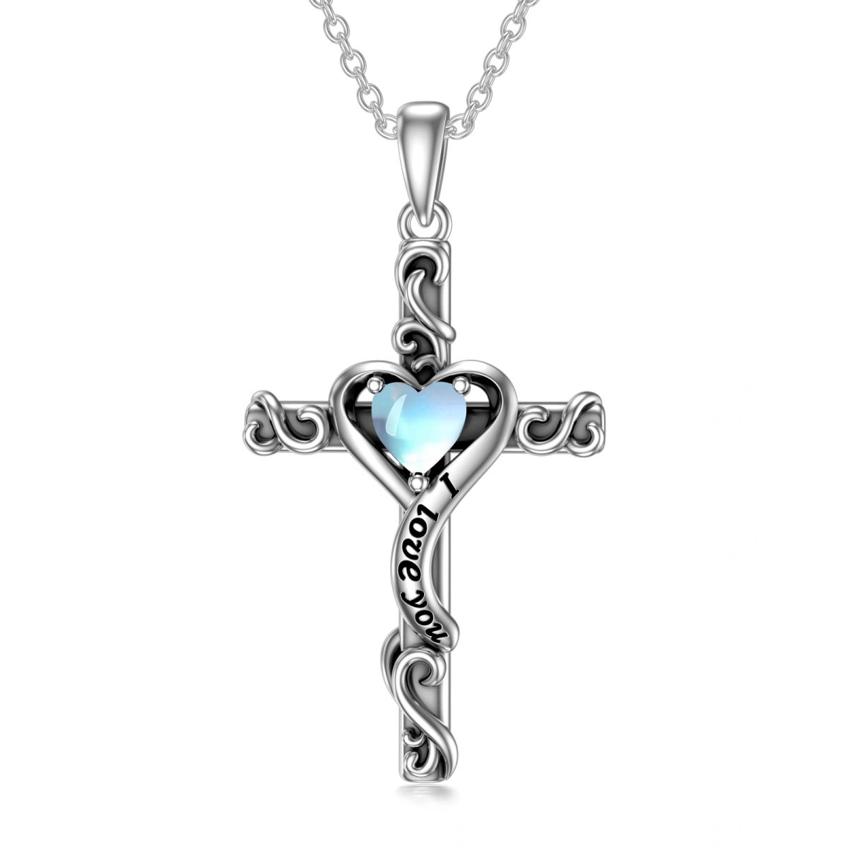 Sterling Silver Moonstone Ivy Cross Engraved Heart Necklace for Women Men-2