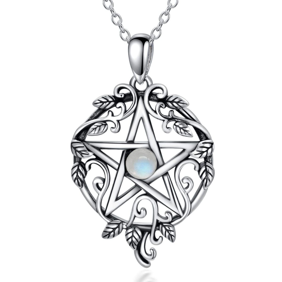 Sterling Silver Moonstone Ivy & Pentagram Pendant Necklace-1