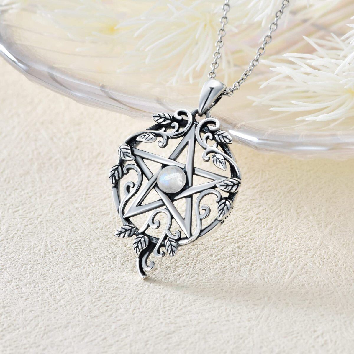 Sterling Silver Moonstone Ivy & Pentagram Pendant Necklace-4