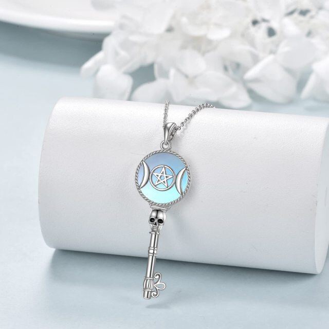 Sterling Silver Moonstone Key & Skull Pendant Necklace-3