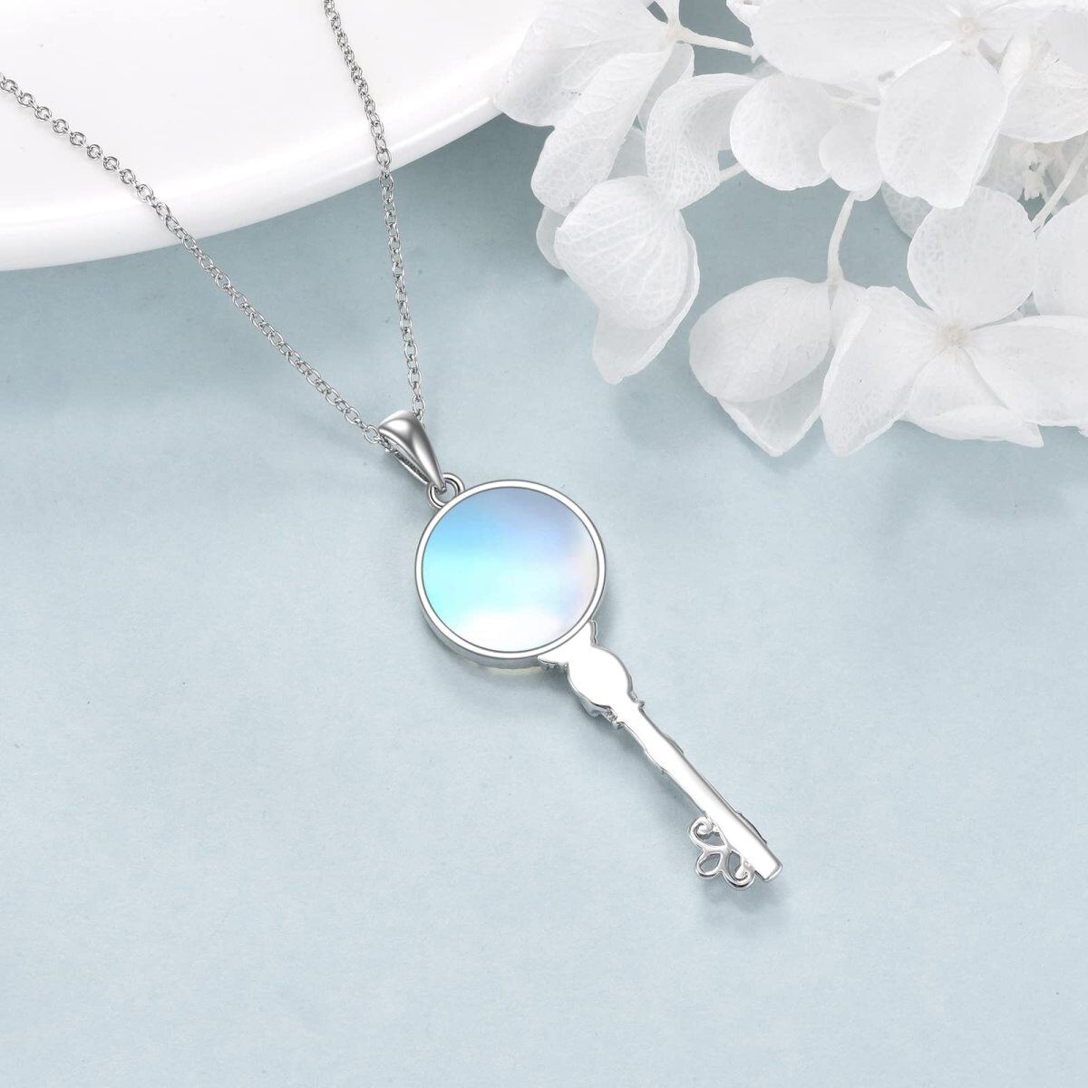 Sterling Silver Moonstone Key & Skull Pendant Necklace-4