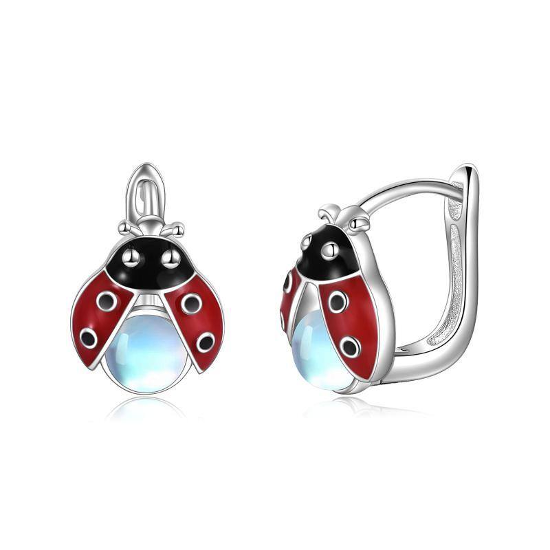 Sterling Silver Moonstone Ladybug Hoop Earrings