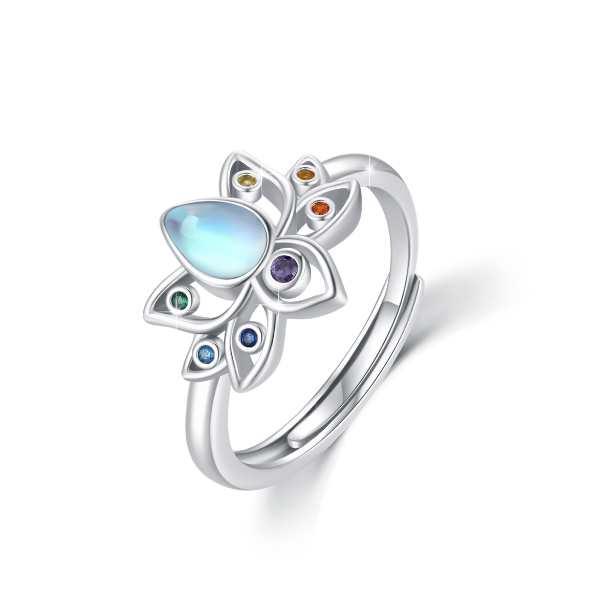 Sterling Silver Moonstone With Cubic Zirconia Lotus & Chakras Ring For Women-1