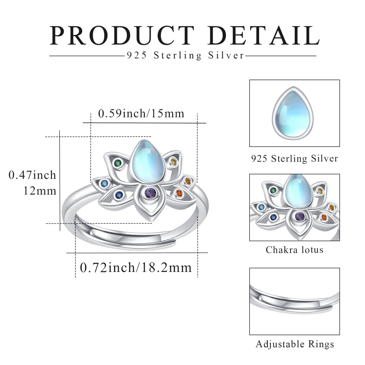 Anello da donna con pietra di luna in argento sterling con zirconi cubici, loto e chakra-5