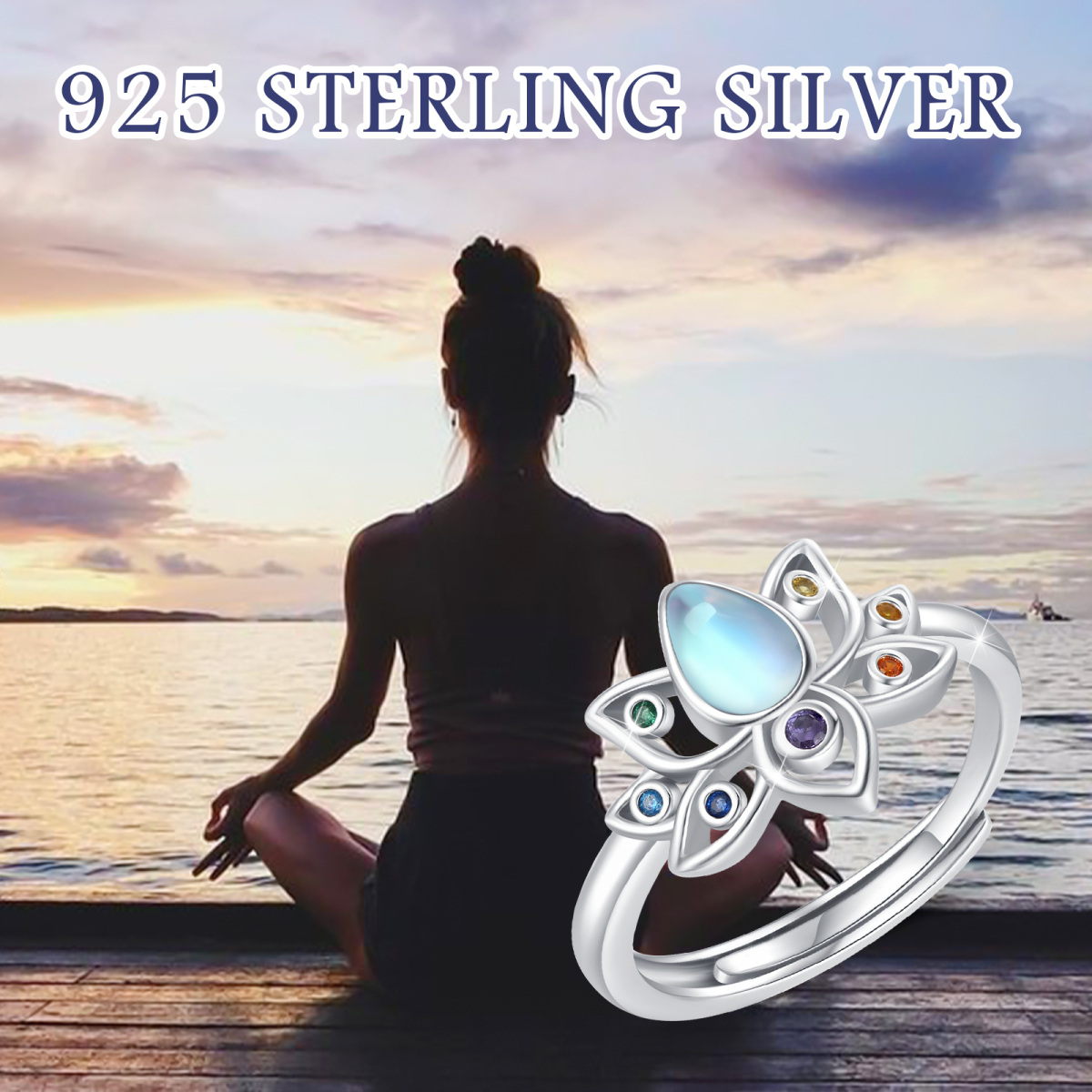 Sterling Silver Moonstone With Cubic Zirconia Lotus & Chakras Ring For Women-6