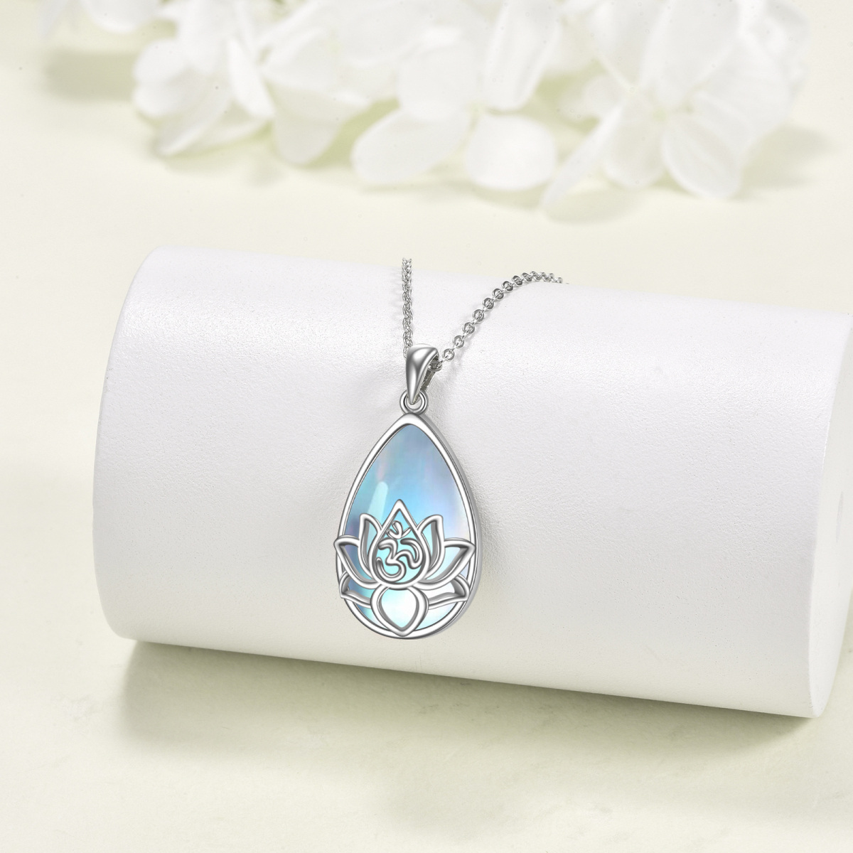 Sterling Silber Mondstein Lotus Tropfen Anhänger Halskette für Frauen-3