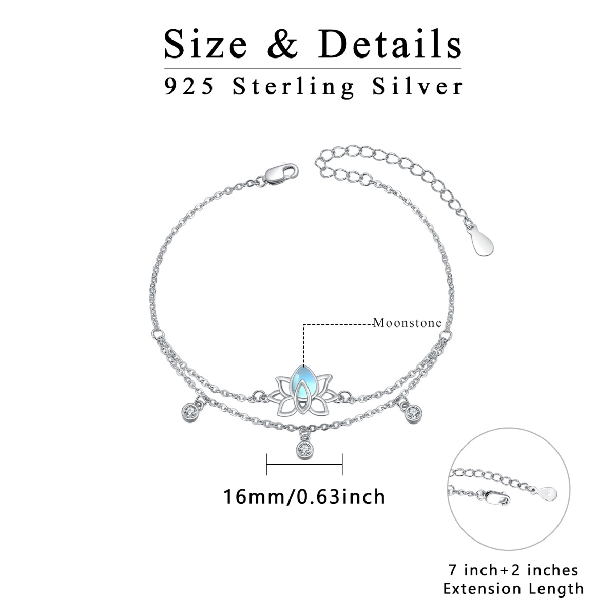 Sterling Silver Cubic Zirconia & Moonstone Lotus Layerered Bracelet-5