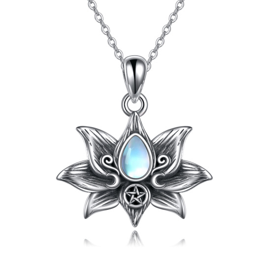 Plata de Ley Moonstone Lotus Diosa de la Luna Colgante Collar