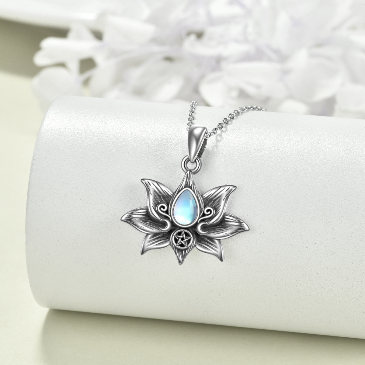 Sterling Silver Moonstone Lotus Moon Goddess Pendant Necklace-3