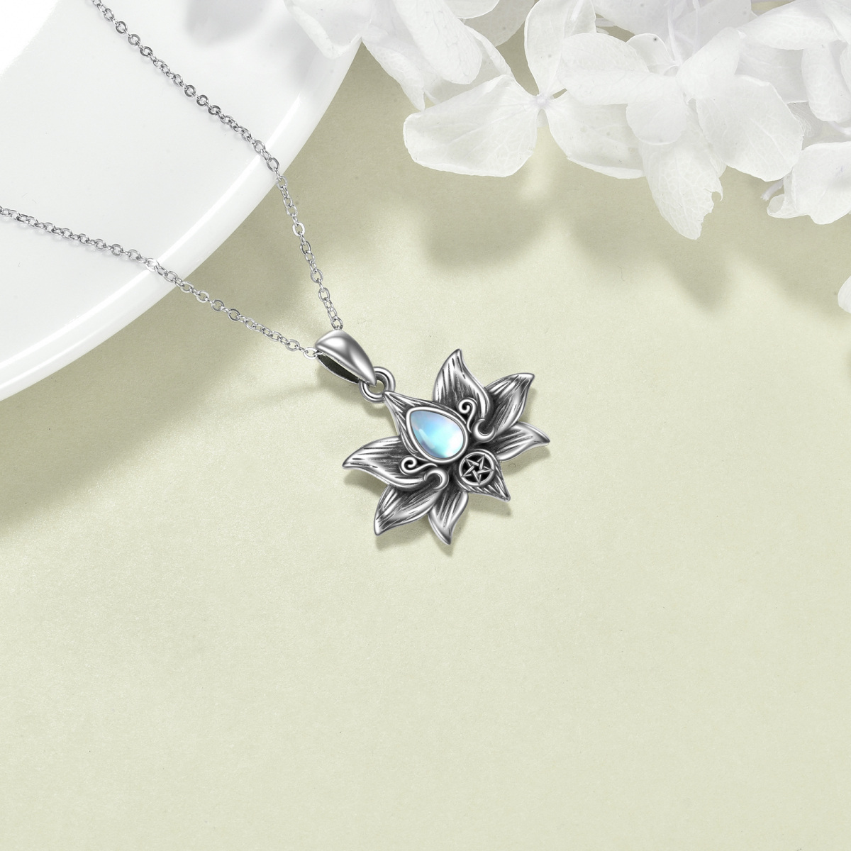 Sterling Silver Moonstone Lotus Moon Goddess Pendant Necklace-4