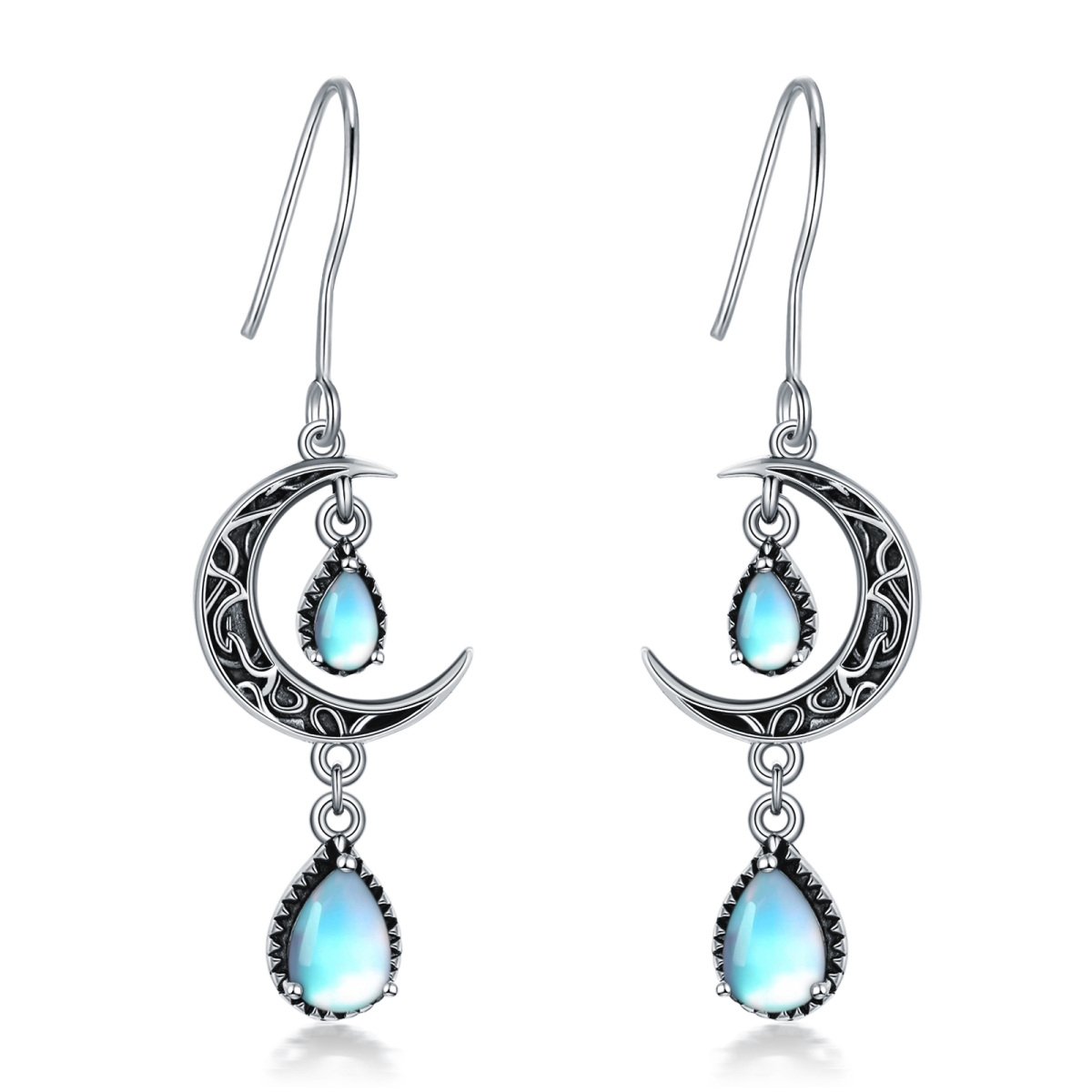 Sterling Silver Moonstone Moon Drop Earrings-1