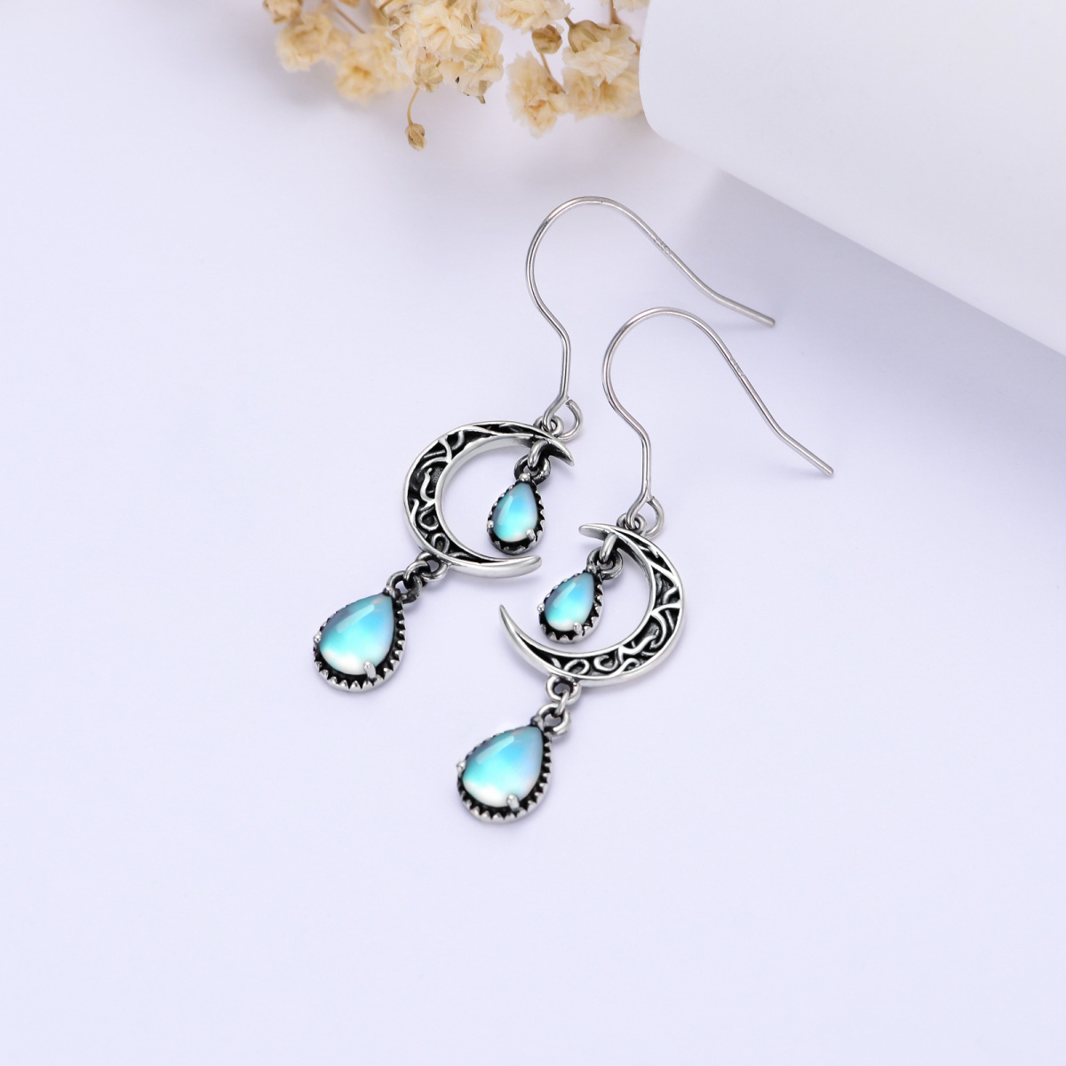 Boucles d'oreilles pendantes en argent sterling avec pierre de lune-3