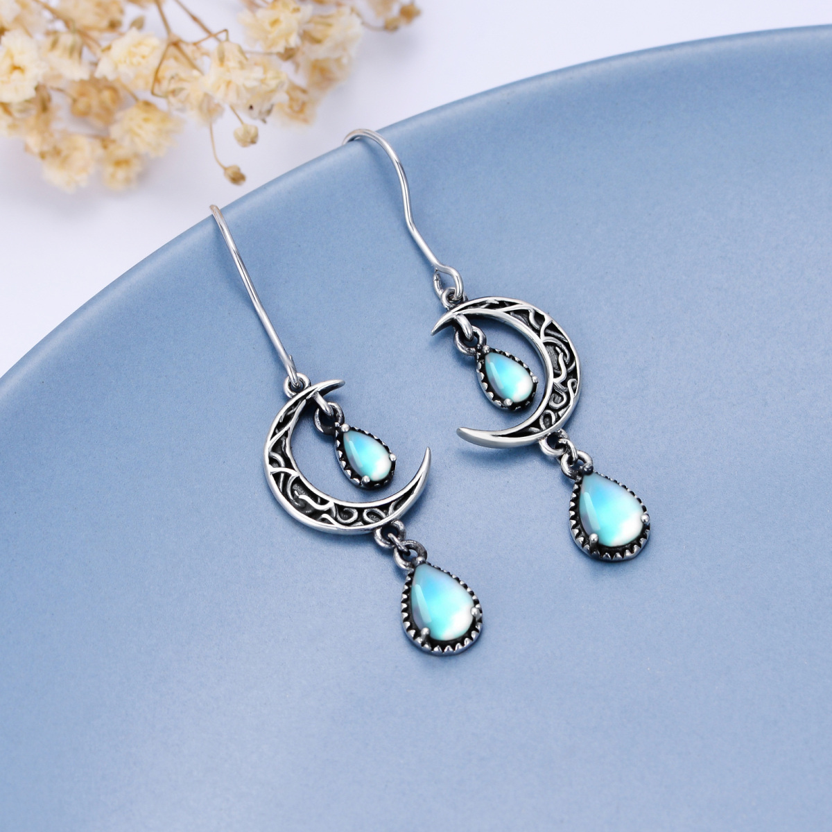 Boucles d'oreilles pendantes en argent sterling avec pierre de lune-4