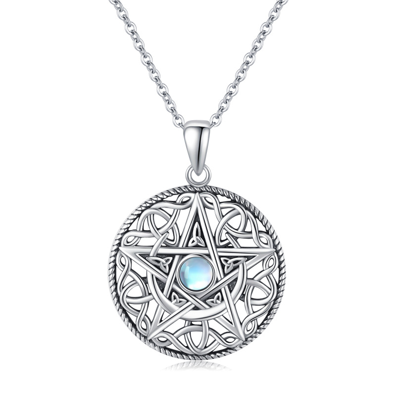 Sterling Silver Moonstone Moon & Pentagram Pendant Necklace-18