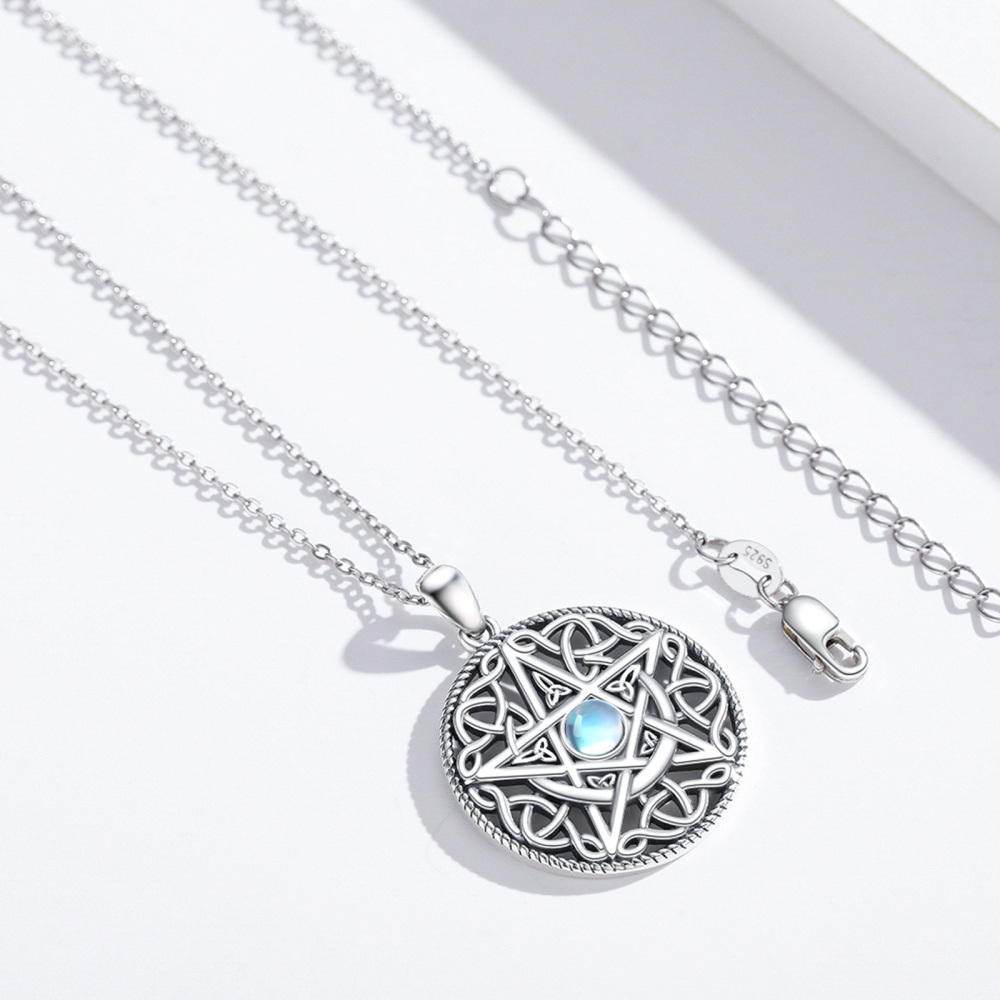 Colar Moonstone da Deusa da Lua Tripla em prata esterlina banhada a ouro branco-4