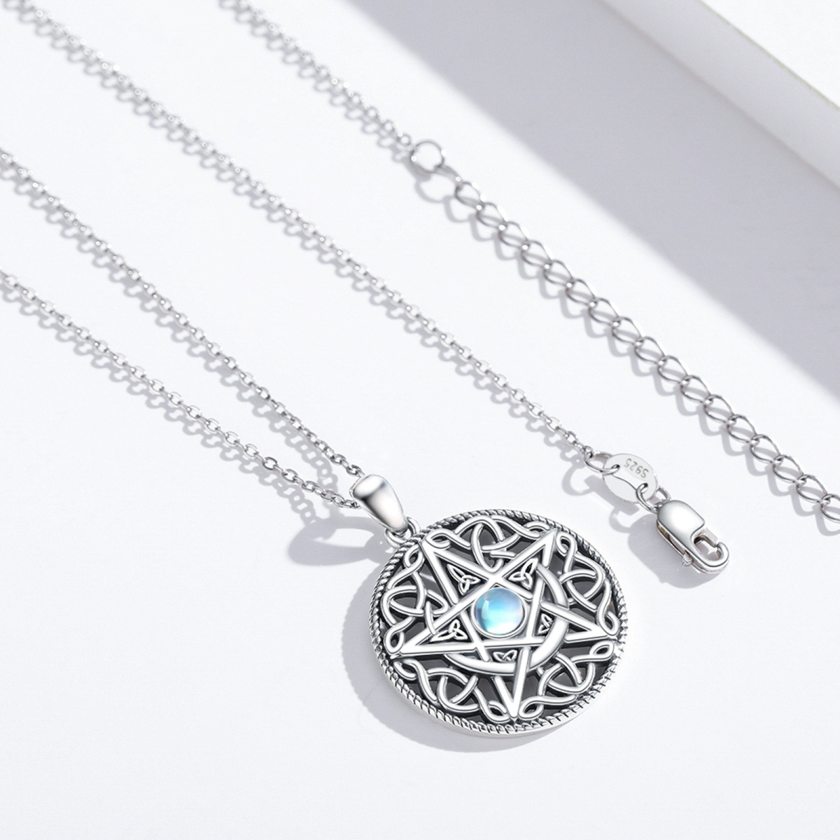 Sterling Silver Moonstone Moon & Pentagram Pendant Necklace-4