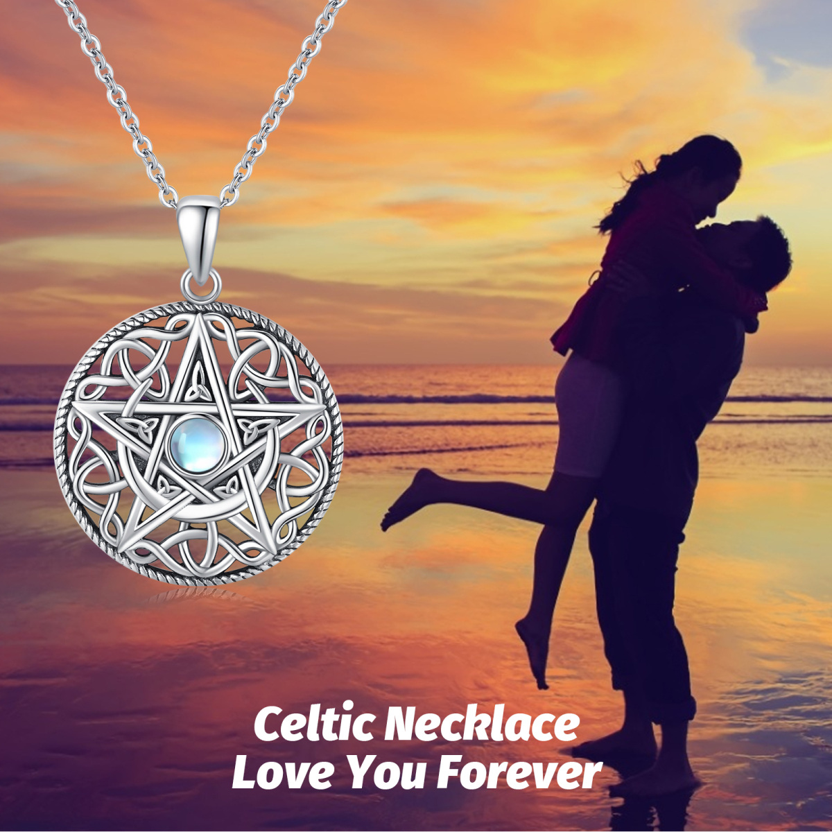 Sterling Silver Moonstone Moon & Pentagram Pendant Necklace-5