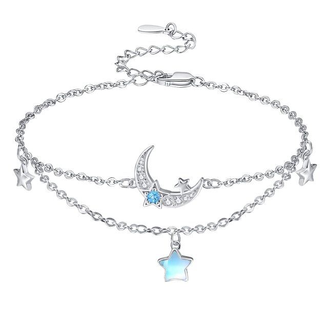 Sterling Silver Moonstone Moon & Star Layerered Bracelet