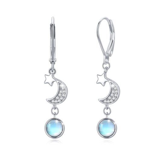 Sterling Silver Moonstone Moon Star Lever-back Earrings for Women