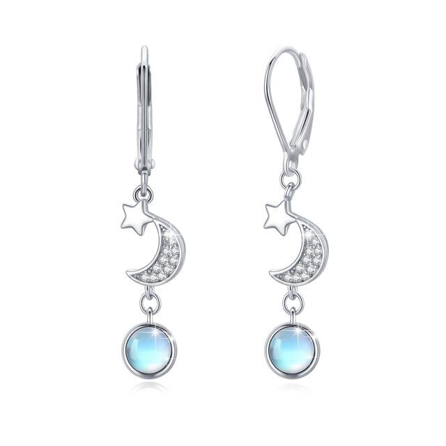 Sterling Silver Moonstone Moon Star Lever-back Earrings for Women-1