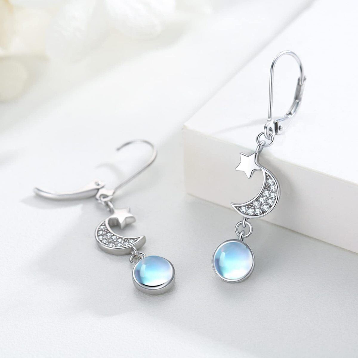 Boucles d'oreilles à levier en argent sterling avec pierre de lune et étoile pour femme-4