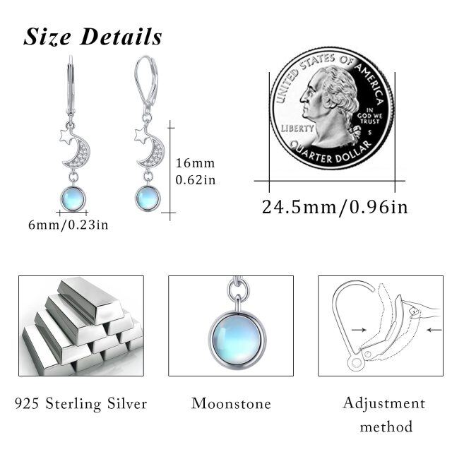 Sterling Silver Moonstone Moon Star Lever-back Earrings for Women-5