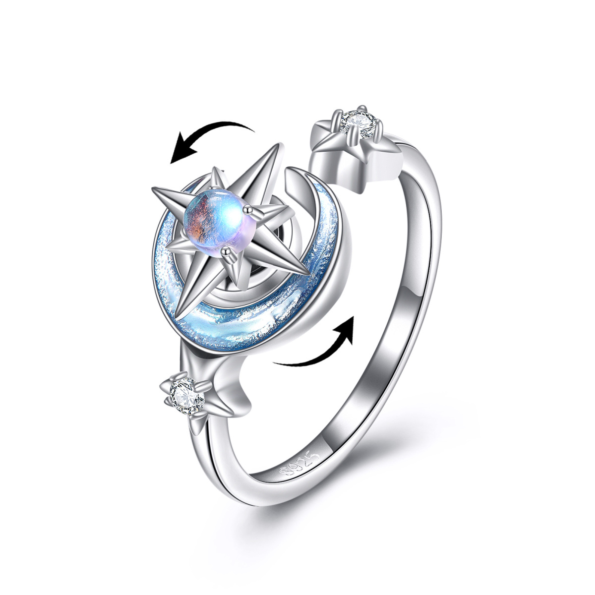 Sterling Silver Moonstone Moon With Star Spinner Ring For Women-1