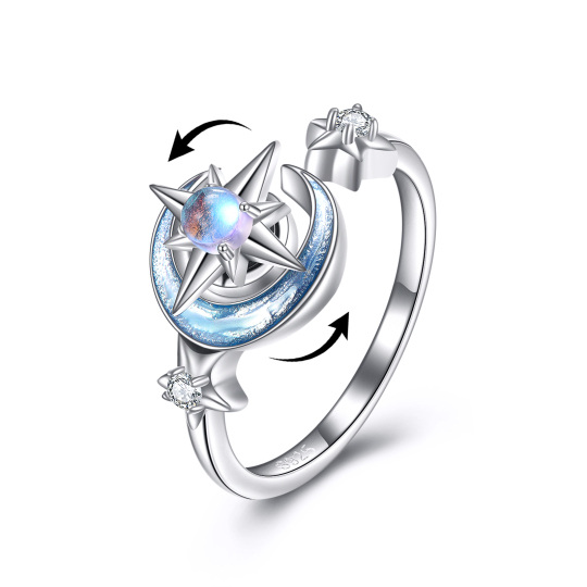 Sterling Silver Cubic Zirconia & Moonstone Moon & Star Spinner Ring