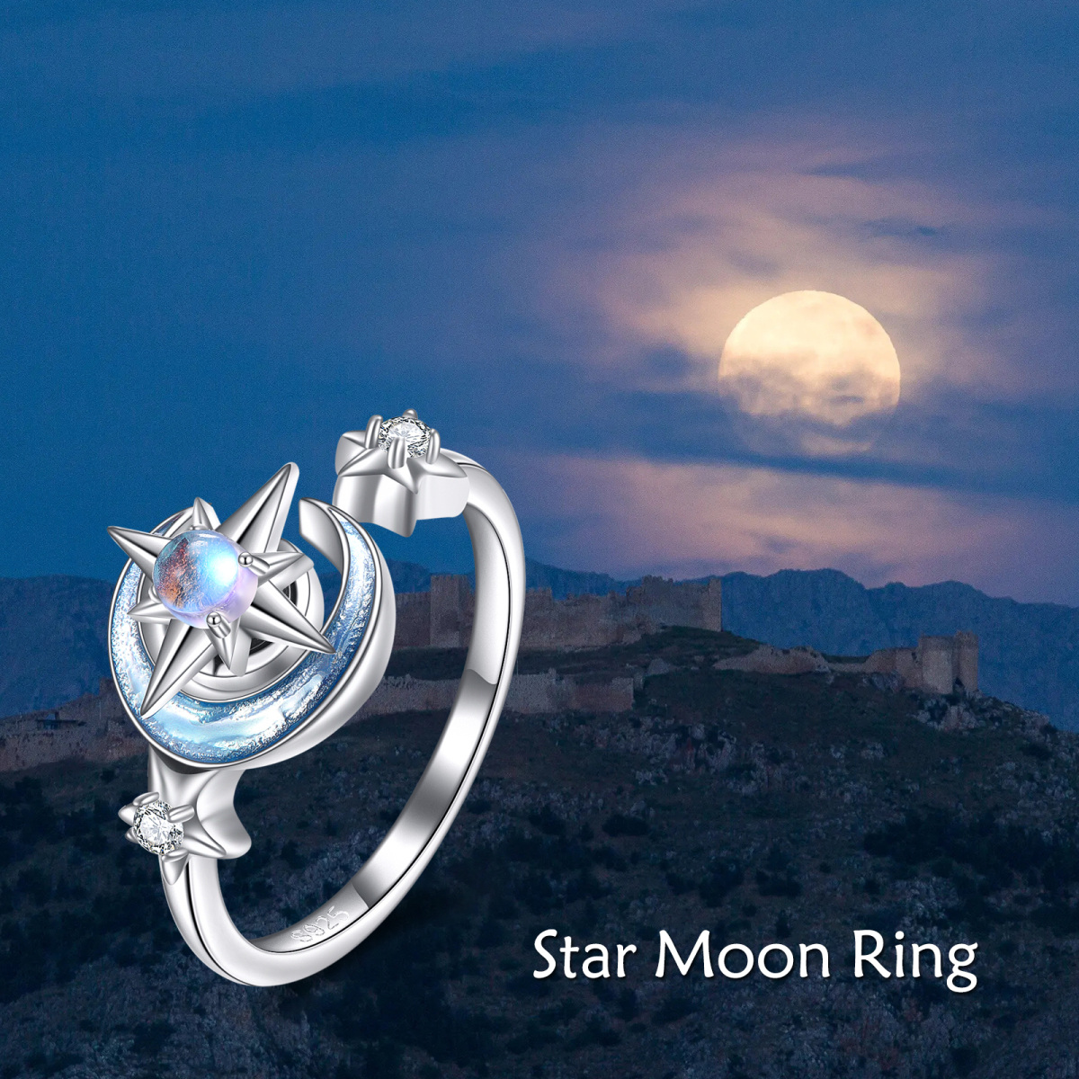 Sterling Silver Moonstone Moon With Star Spinner Ring For Women-6