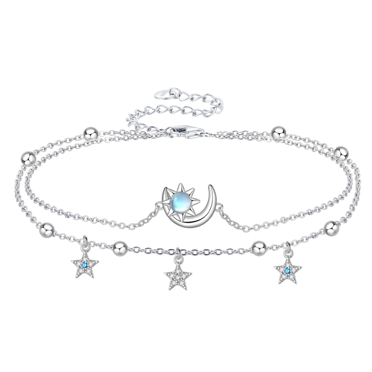 Sterling Silver Round Moonstone Moon And Sun Star Multi-Layered Anklet For Women-1