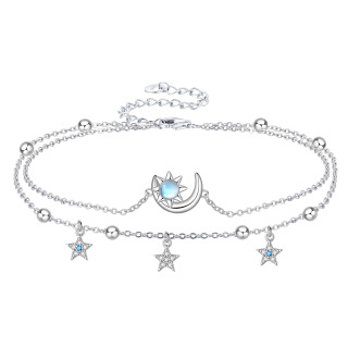 Sterling Silver Round Moonstone Moon And Sun Star Multi-Layered Anklet For Women-20