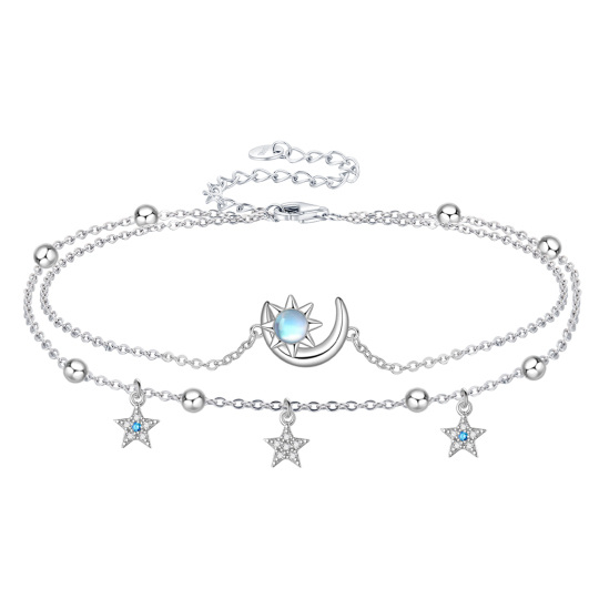 Sterling Silver Round Moonstone Moon And Sun Star Multi-Layered Anklet For Women