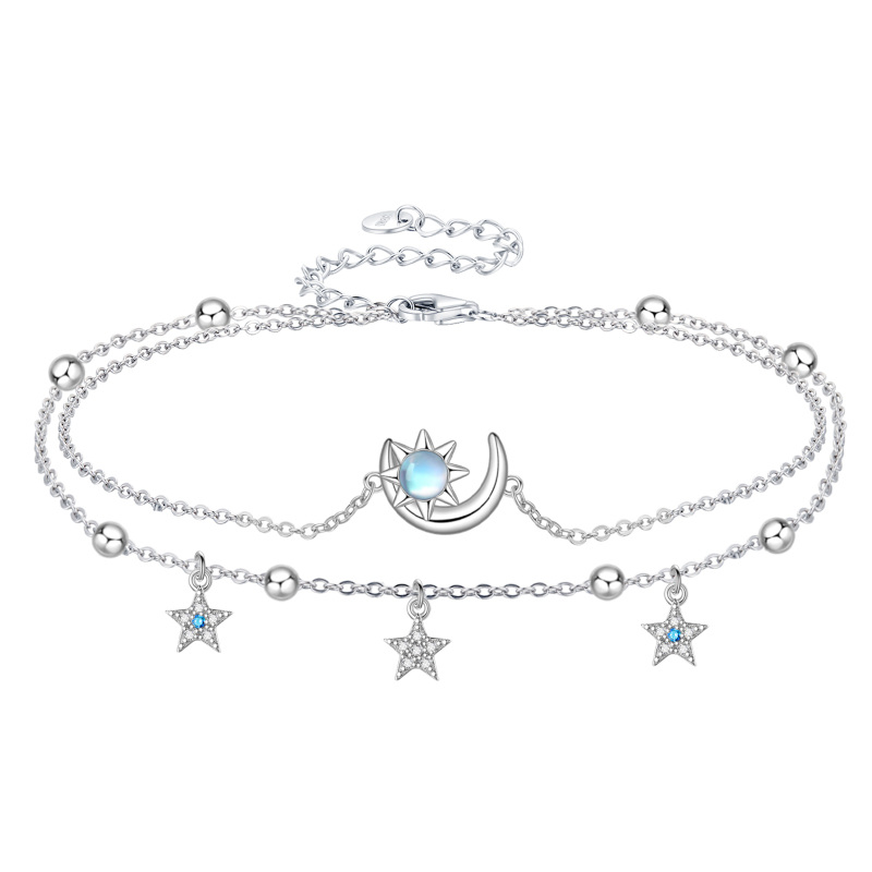 Sterling Silver Moonstone Moon & Star & Sun Multi-layered Anklet