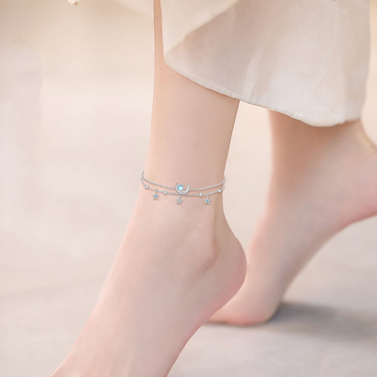 Sterling Silver Round Moonstone Moon And Sun Star Multi-Layered Anklet For Women-3