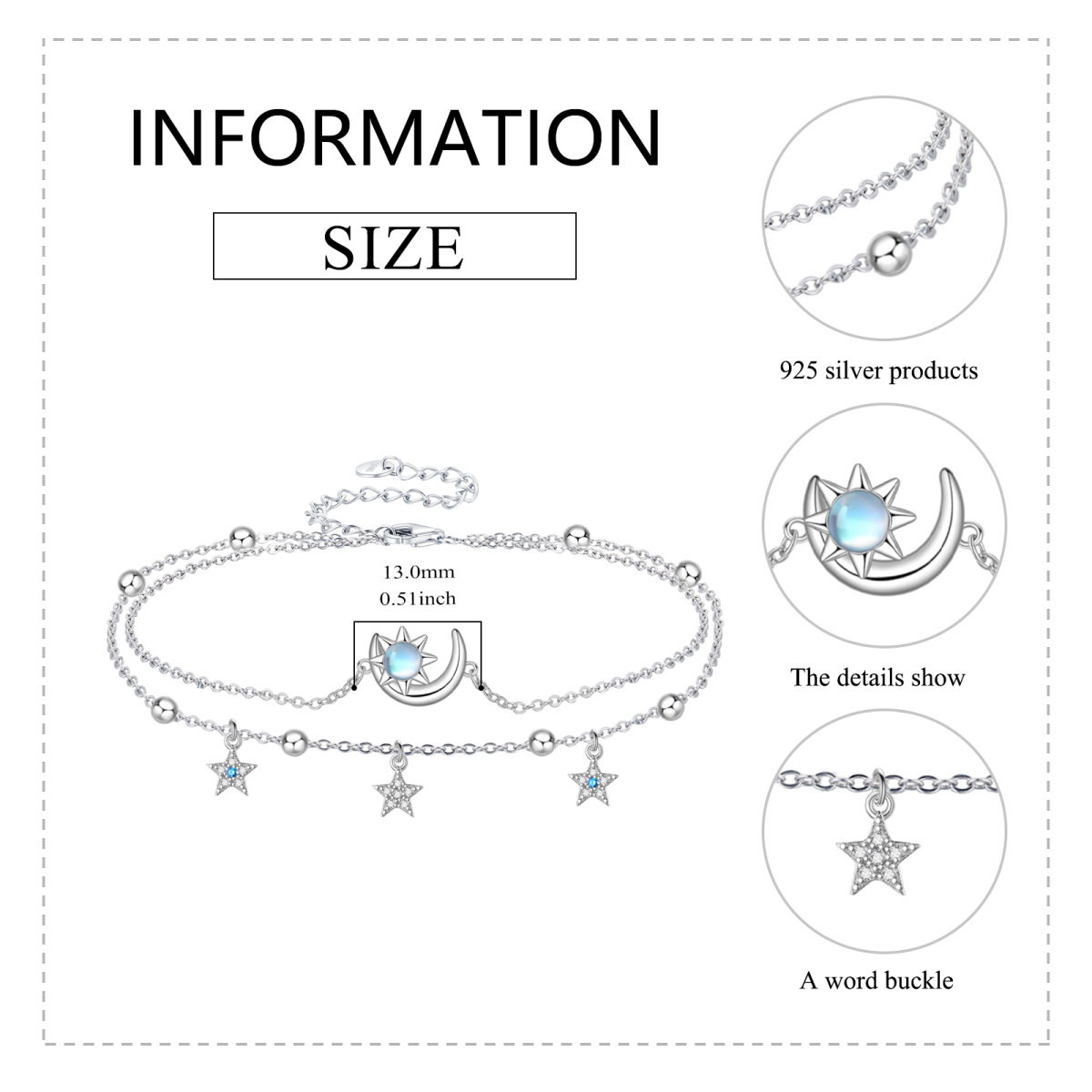 Sterling Silver Round Moonstone Moon And Sun Star Multi-Layered Anklet For Women-4