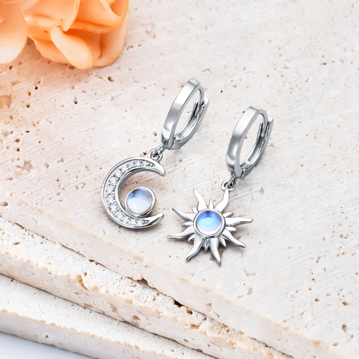 Orecchini pendenti in argento sterling con pietra di luna, sole e luna, per donne e ragazze-4