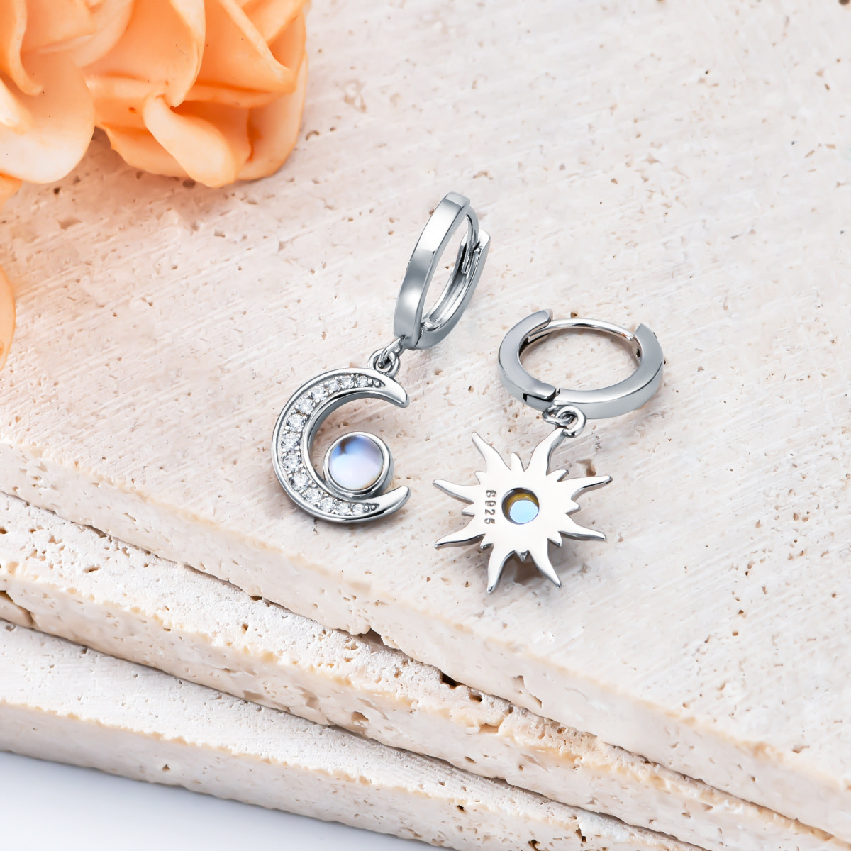 Orecchini pendenti in argento sterling con pietra di luna, sole e luna, per donne e ragazze-5