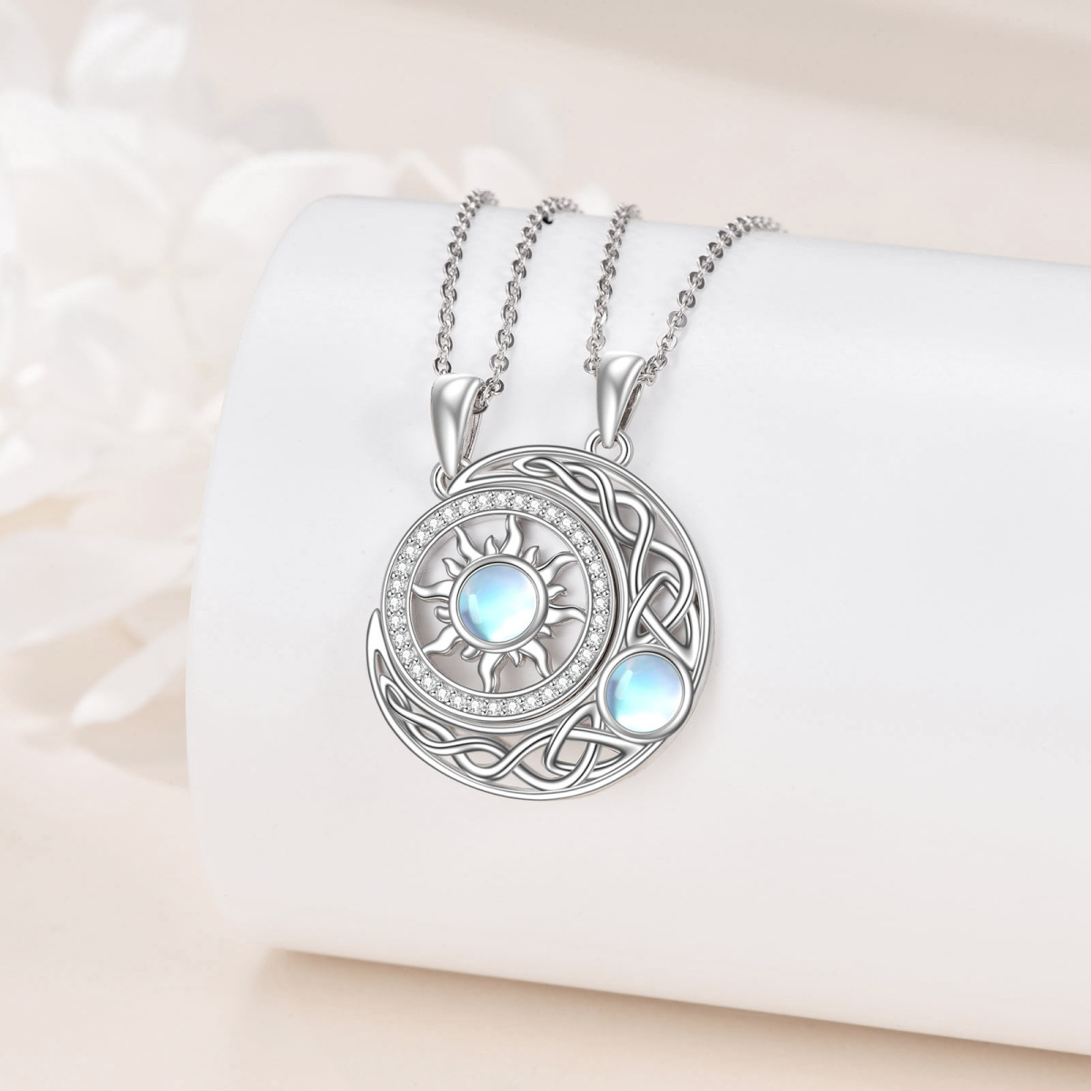 Sterling Silver Moonstone Moon & Sun Pendant Necklace-3