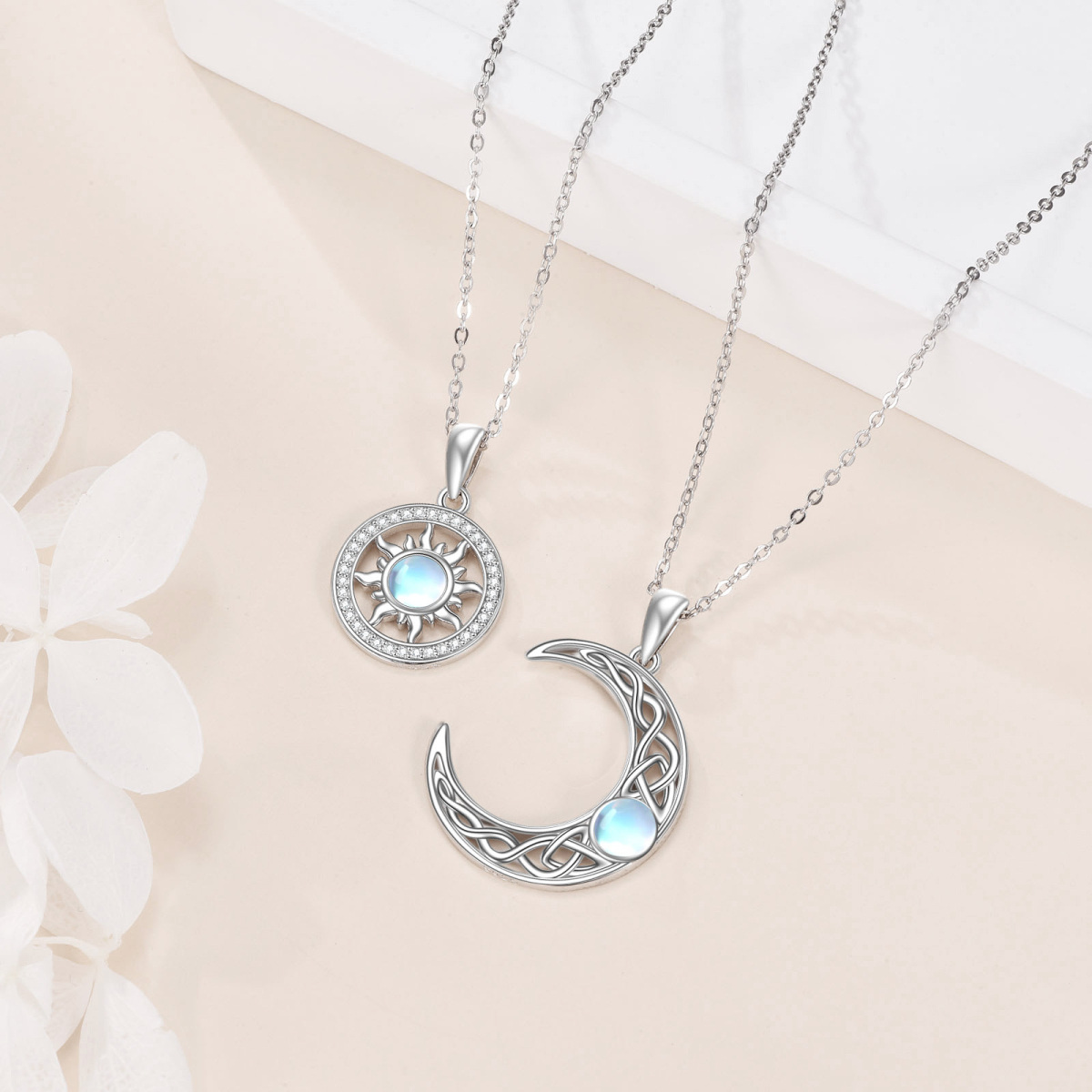 Sterling Silver Moonstone Moon & Sun Pendant Necklace-4