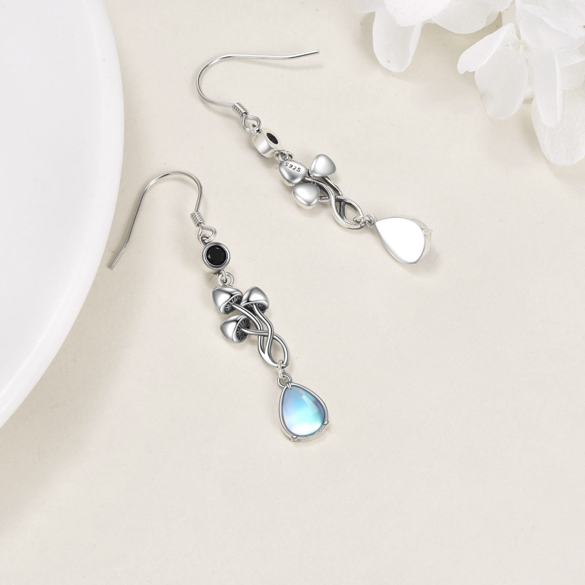 Sterling Silver Drop Moonstone With Cubic Zirconia Mushroom Earrings For Women-4