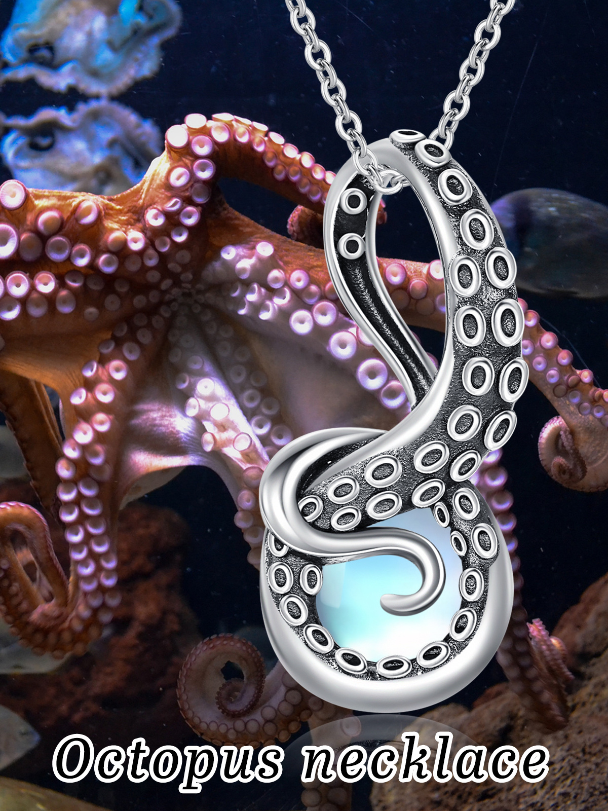 Collier avec pendentif en argent sterling et pierre de lune en forme de pieuvre-5