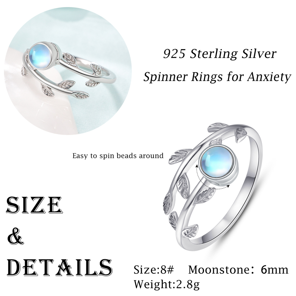 Anello con pietra di luna e foglie di opale in argento sterling-7