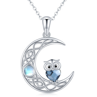 Sterling Silver Crystal & Moonstone Owl With Moon Pendant Necklace For Women Best Friend-2