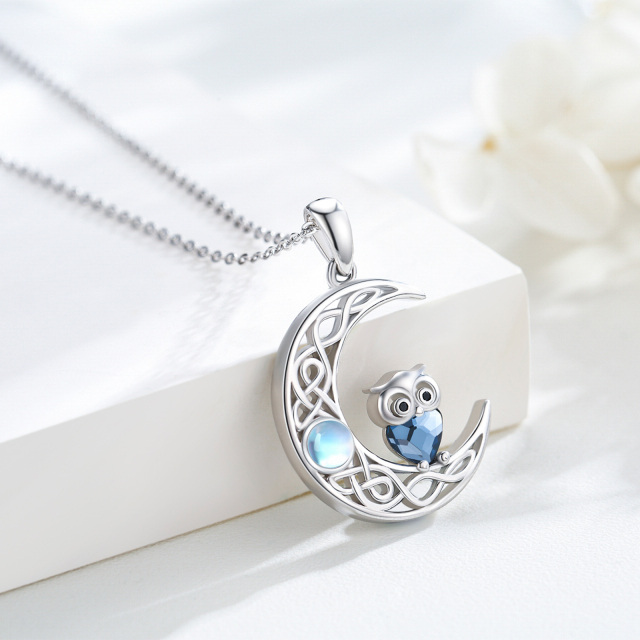 Sterling Silver Cubic Zirconia & Moonstone Owl & Heart & Moon Pendant Necklace-3